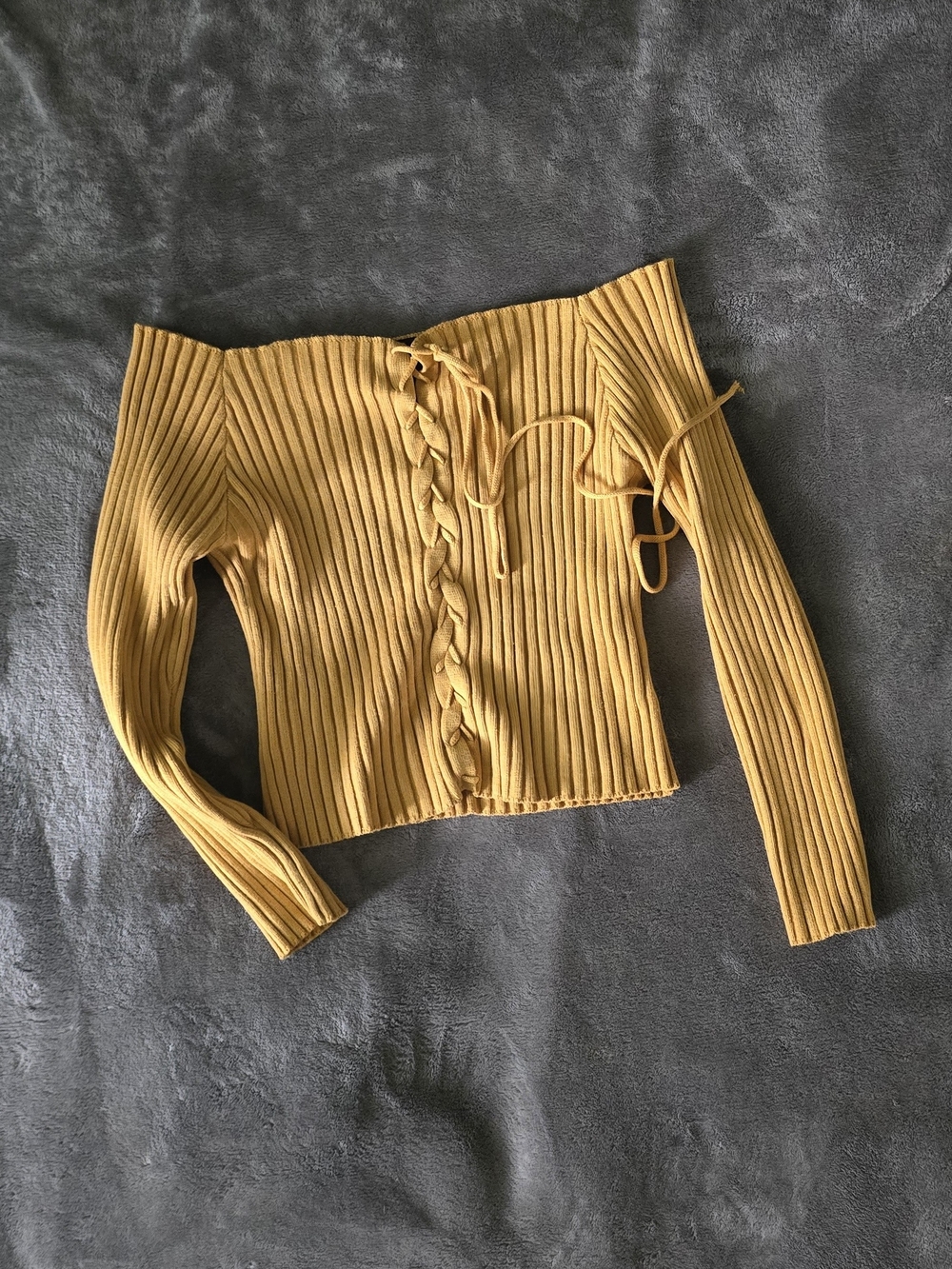 Timing Mustard Ribbed Off-Shoulder Lace-Up Top
